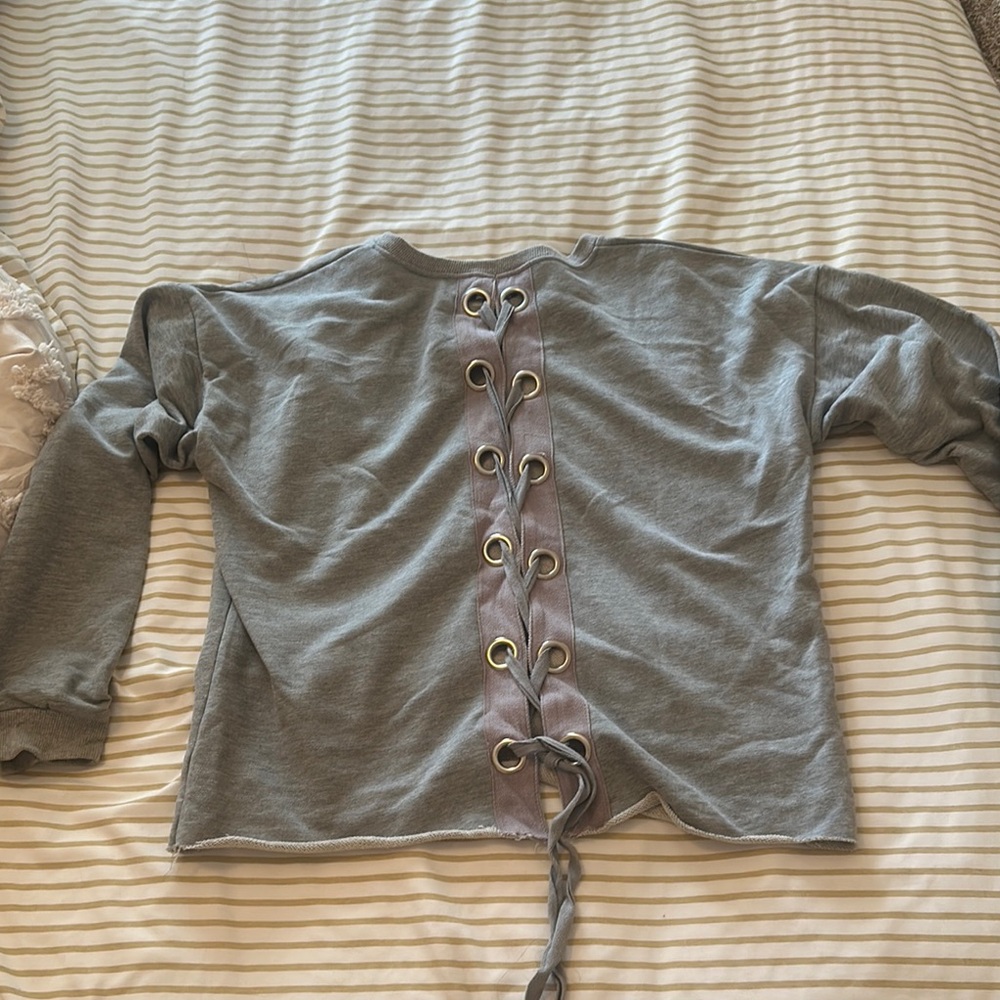Stylish Gray Lace-Up Sweater